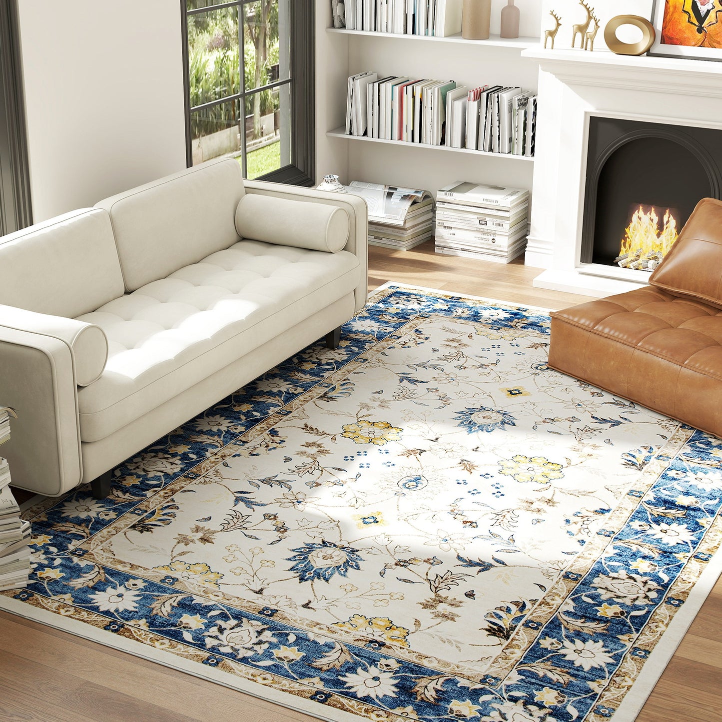 Machine Washable Boho Floral Area Rug 8x10 - Blue