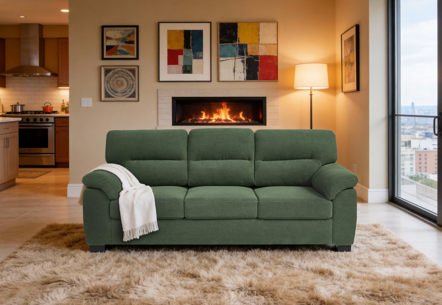 3-Seater Green Upholstered Sofa - Modern Minimalist Design