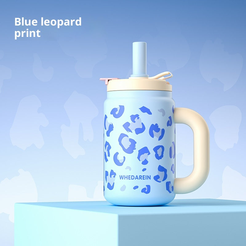 Large Capacity Insulated Stainless Steel Cup with Leopard Print - 800ml