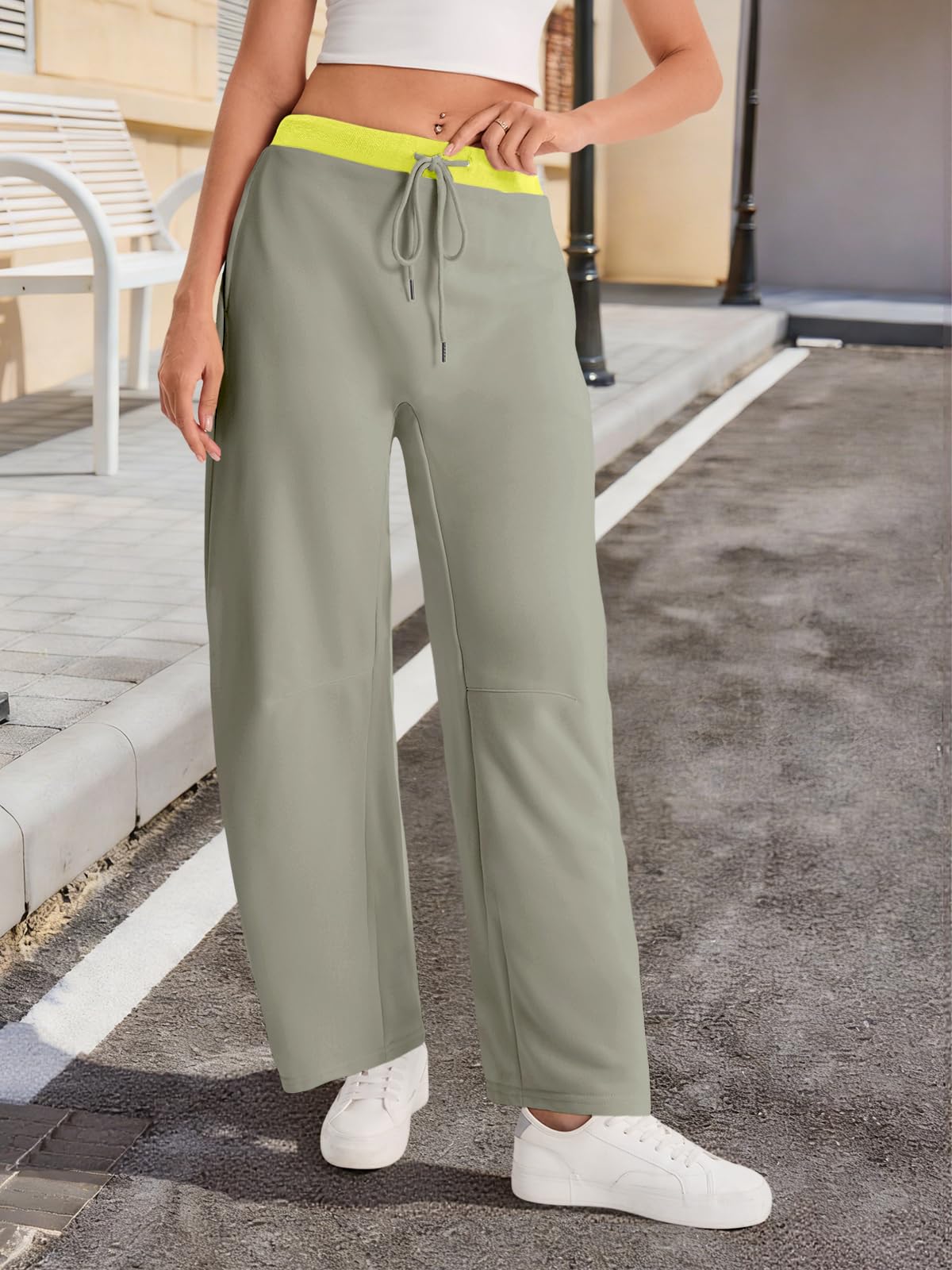 Wide Leg Sweatpants with Drawstring Waist and Pockets - Color Block