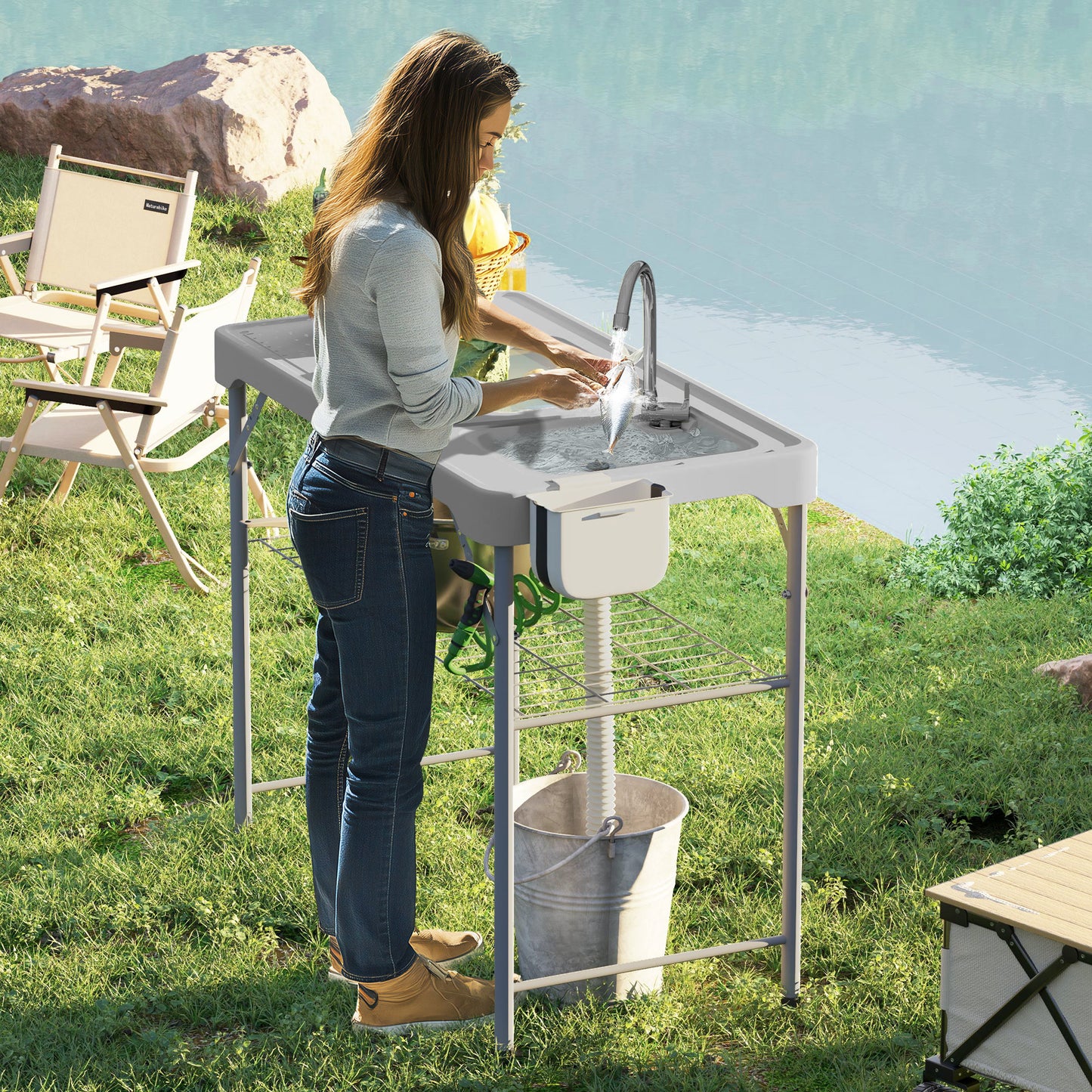Portable Fish Cleaning Table with Sinks & Faucet - Gray