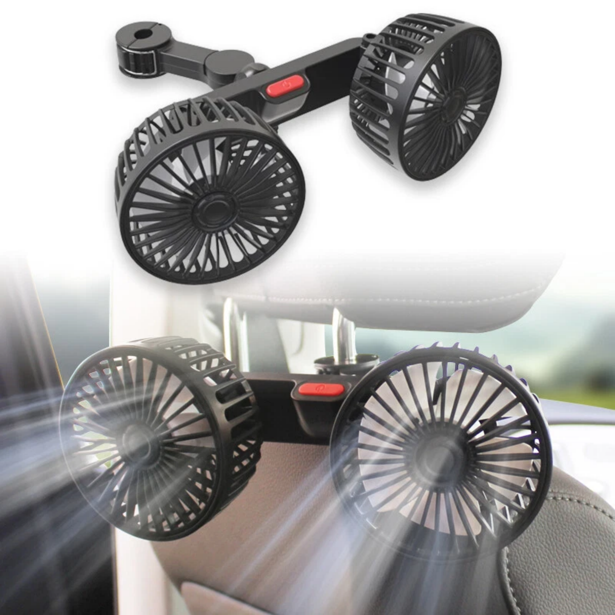 Dual Head USB Car Fan - 3 Speed Rotatable Backseat Cooler