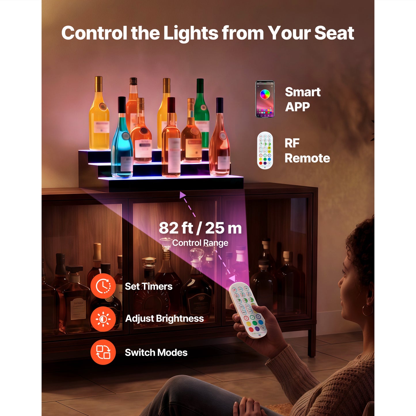 LED Liquor Bottle Display with Remote Control - 3 Tiers, Acrylic Lighted Bar Shelf