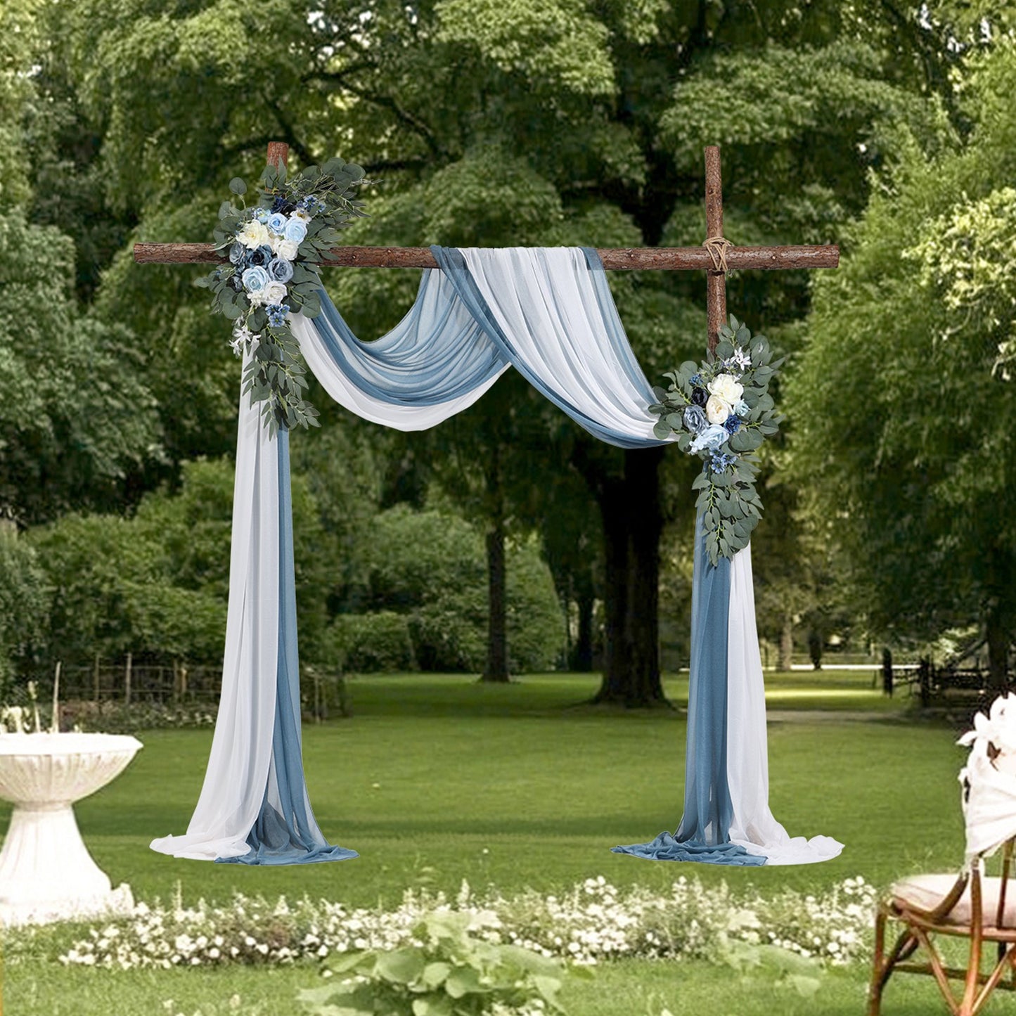 Artificial Wedding Arch Flowers Kit with 21ft Draping Fabric for Weddings - Blue & White