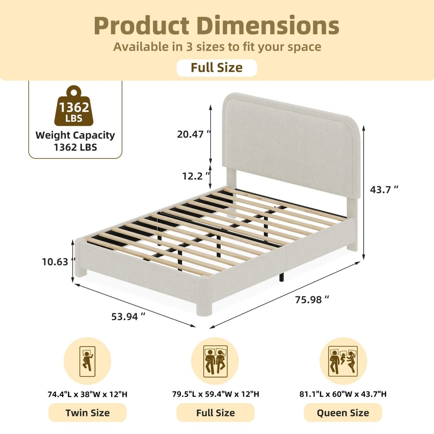 Modern Boucle Bed Frame with Soft Rounded Headboard - Platform Design