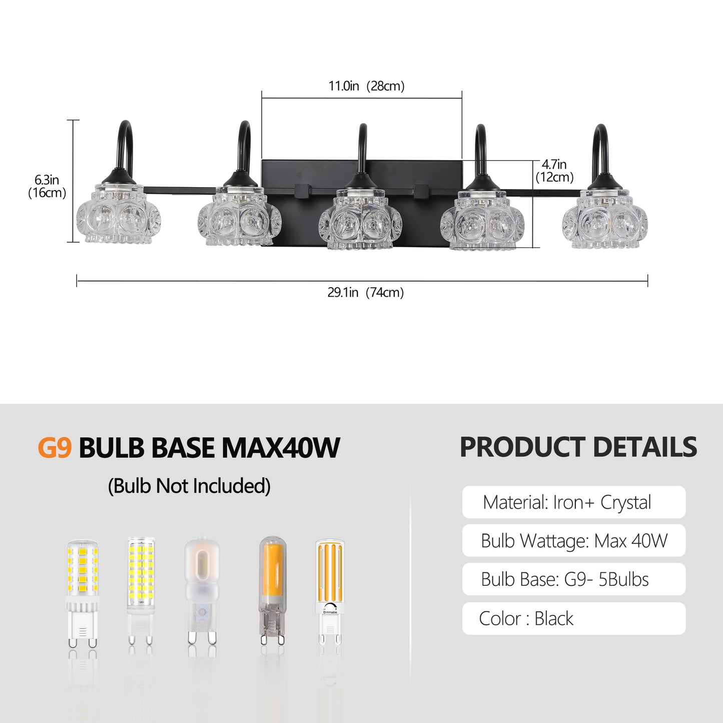 5-Light Bathroom Vanity Light Fixture - Black & Crystal Shades