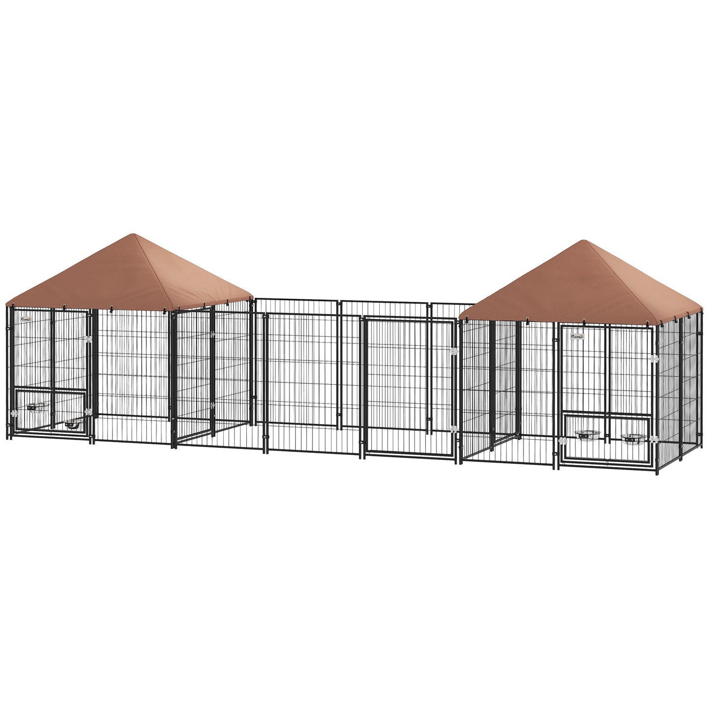 Large Outdoor Dog Kennel with 2 Rooms, Adjustable Bowls & Waterproof Canopy