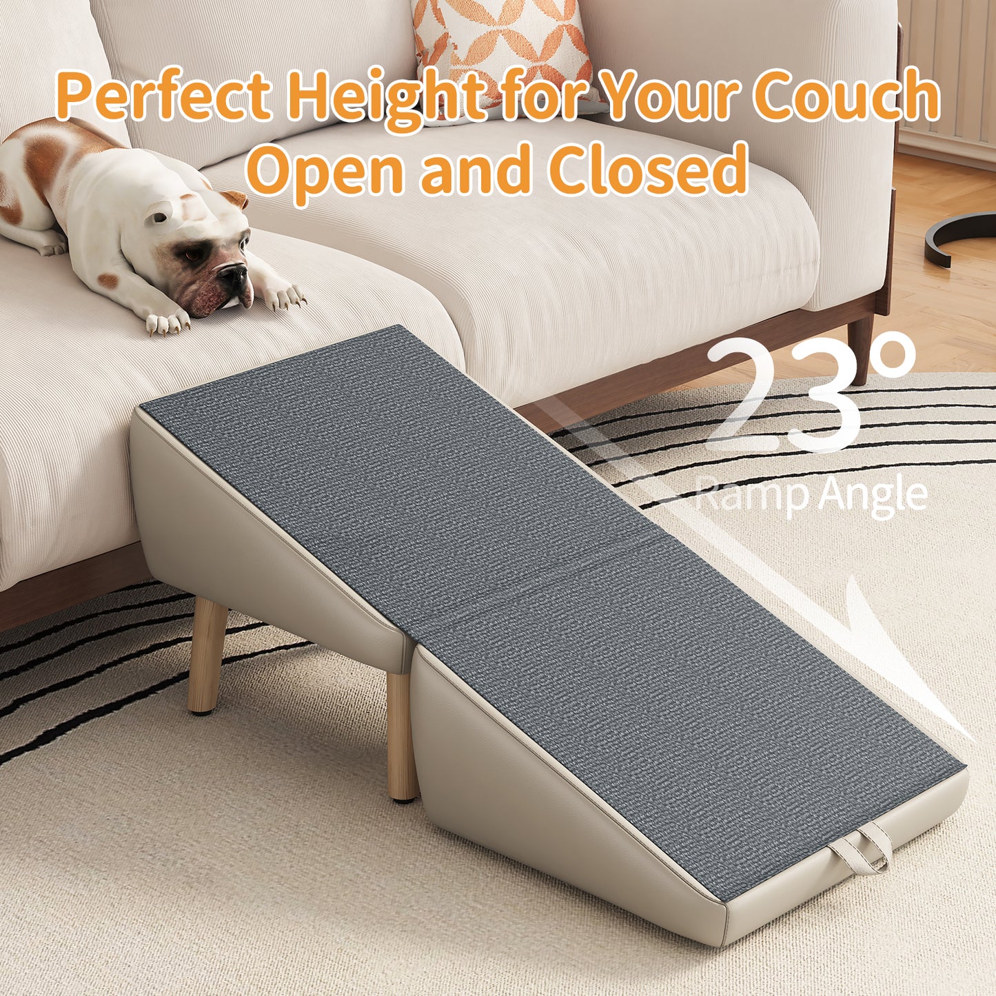 Foldable Wooden Dog Steps for Small Dogs and Cats - Non-Slip Ramp for Couch and Bed, Light Grey
