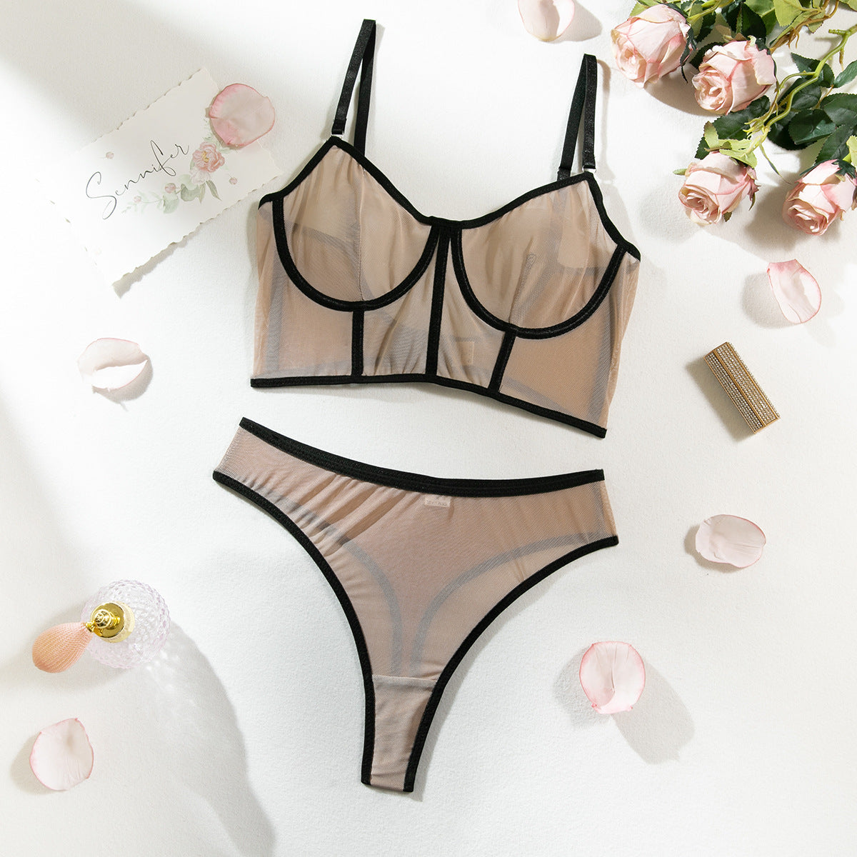Women's Mesh Push-Up Underwear Set with Contrast Color Fishbone Design