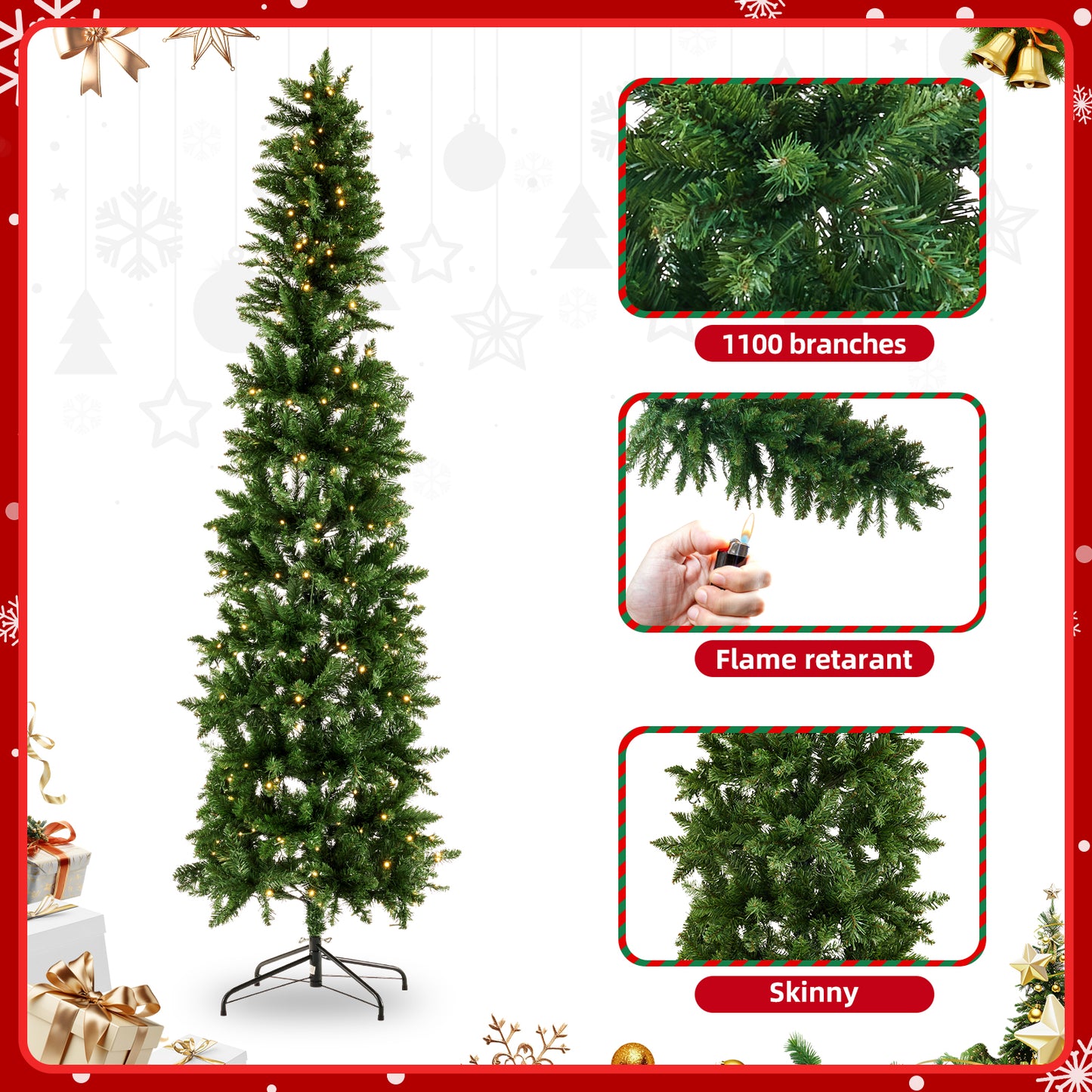 Prelit Slim Christmas Tree with 250 LED Lights & Foldable Base