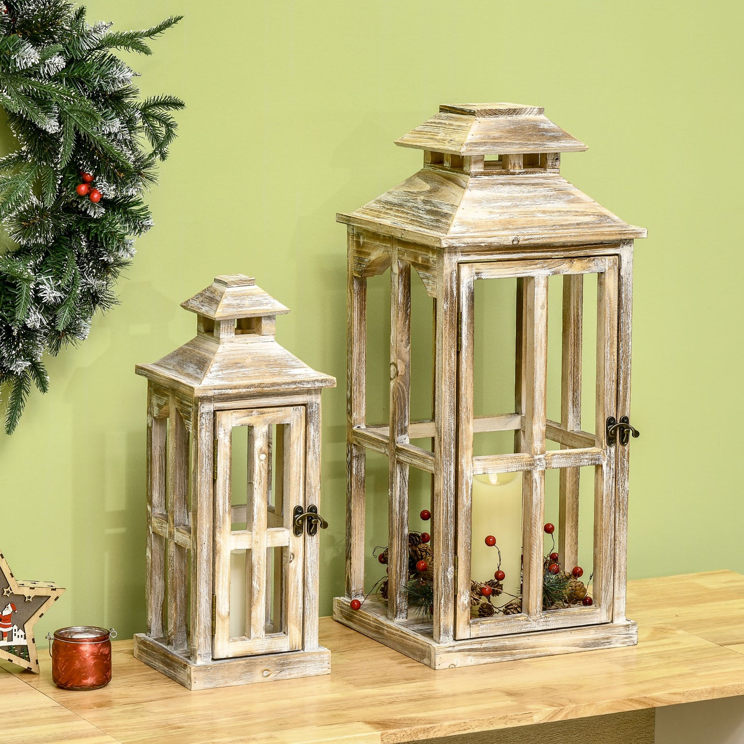 Rustic Wooden Lantern Set - 28" & 20" Decorative Indoor/Outdoor