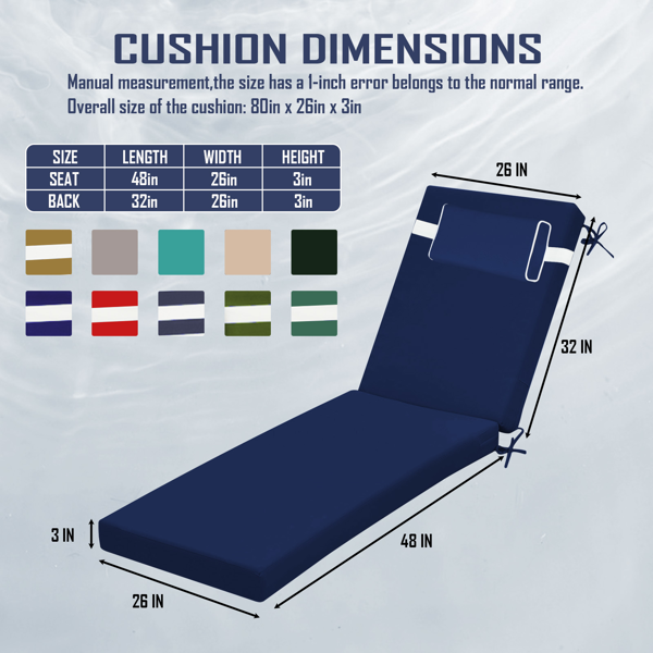 Waterproof Chaise Lounge Cushion - 80" x 26" x 3" - Fade-Resistant