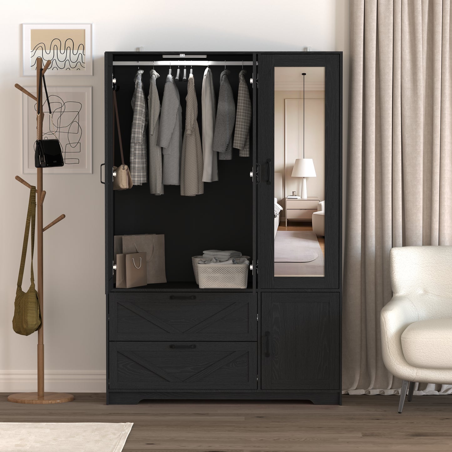 Black 4-Door Wardrobe Closet with Mirror & LED Lighting