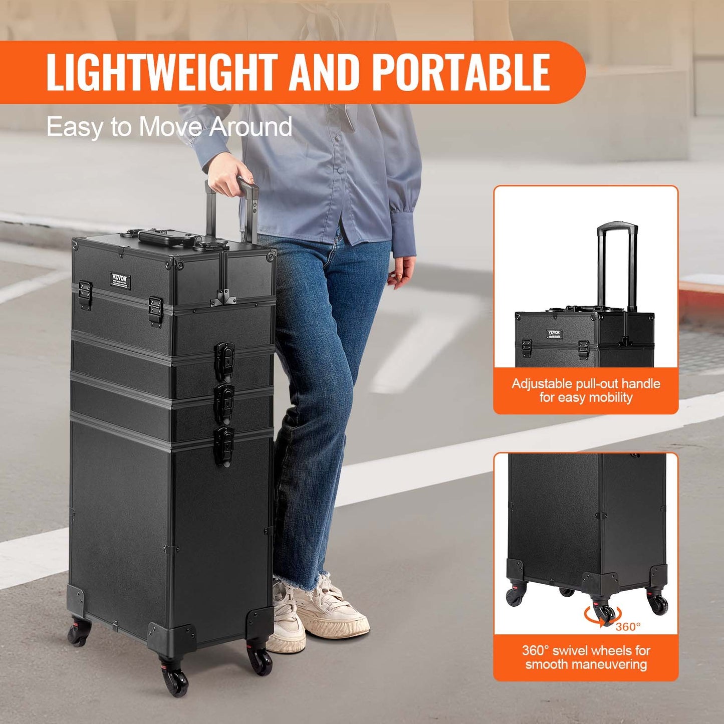 Large Makeup Train Case with 4 Detachable Compartments and 360° Wheels - Travel Cosmetic Organizer