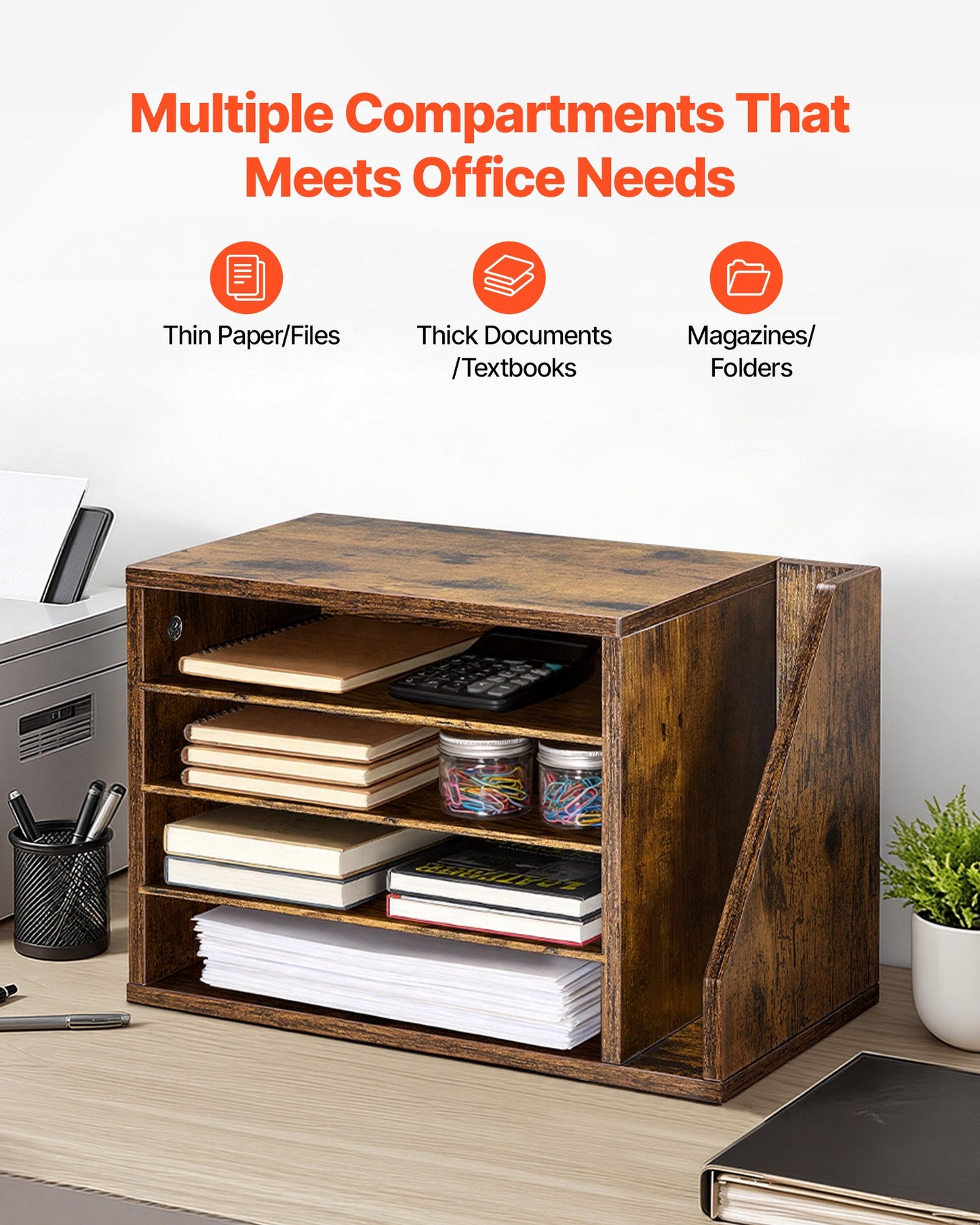 Wooden Literature Organizer with 4 Compartments and Side Storage - Office Desk File and Document Organizer