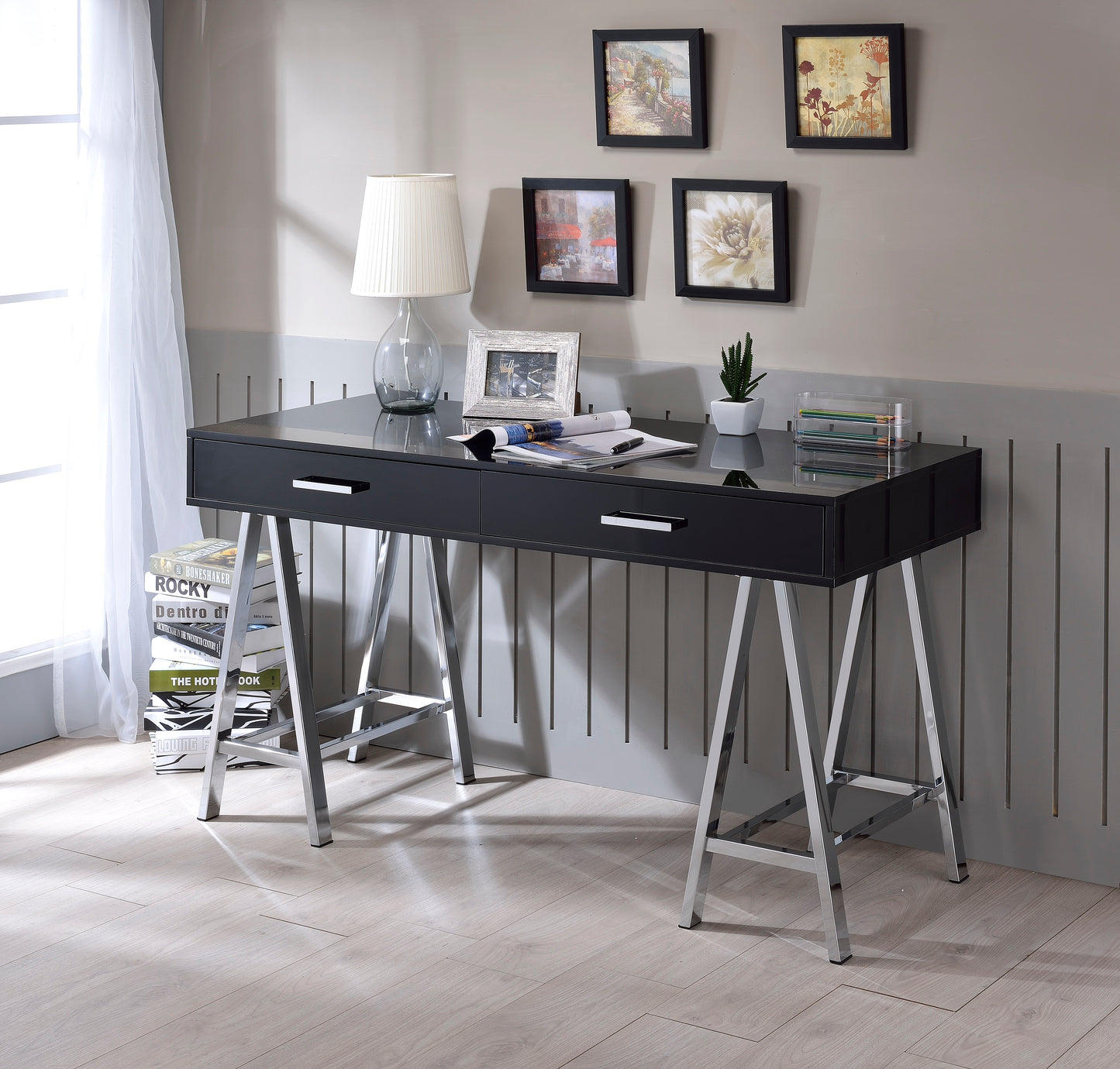 Black High Gloss & Chrome Finish Writing Desk with 2 Drawers