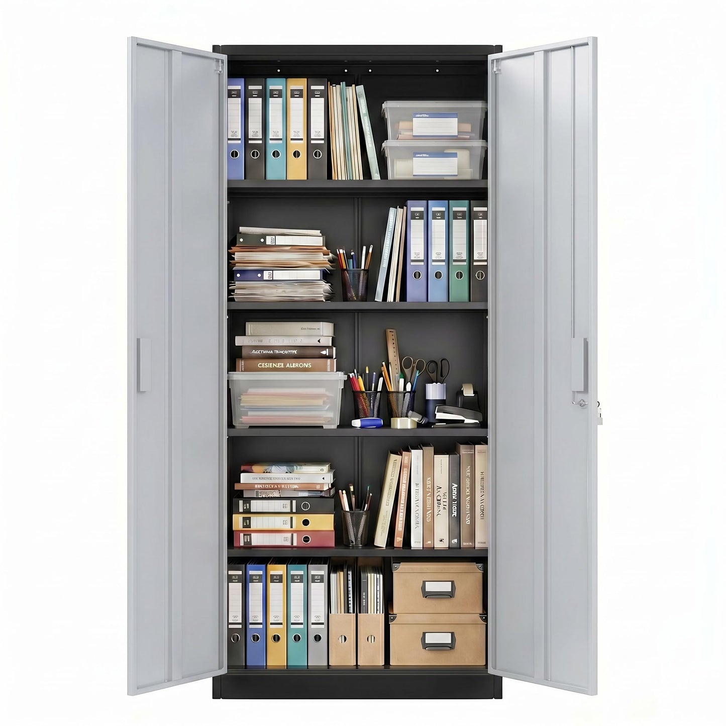 Lockable Steel Storage Cabinet with 4 Adjustable Shelves - Black & Gray