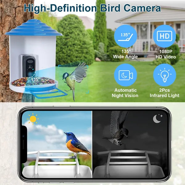 Smart Bird Feeder with Solar Camera 1080P HD Motion Detection WiFi App Control
