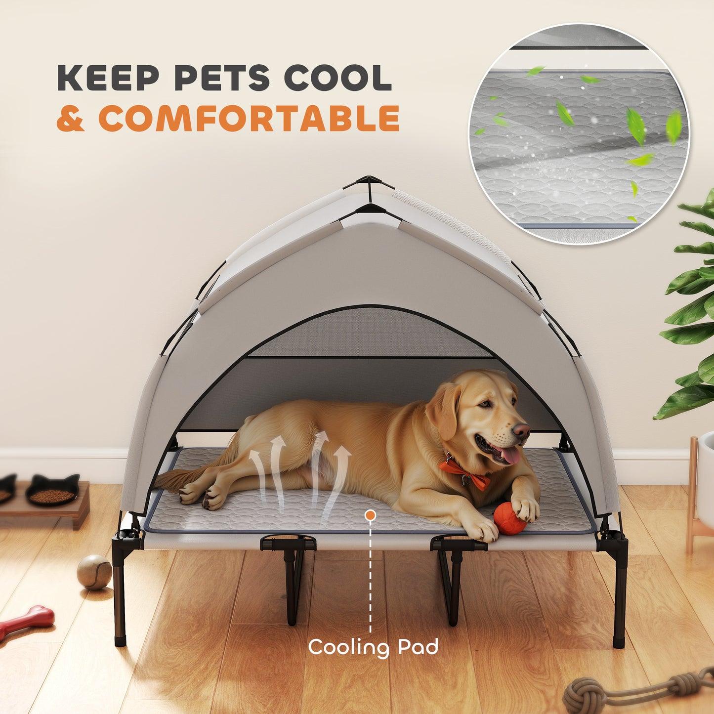 Outdoor Elevated Dog Bed with Removable Canopy and Cooling Pad - 42x30 Inches