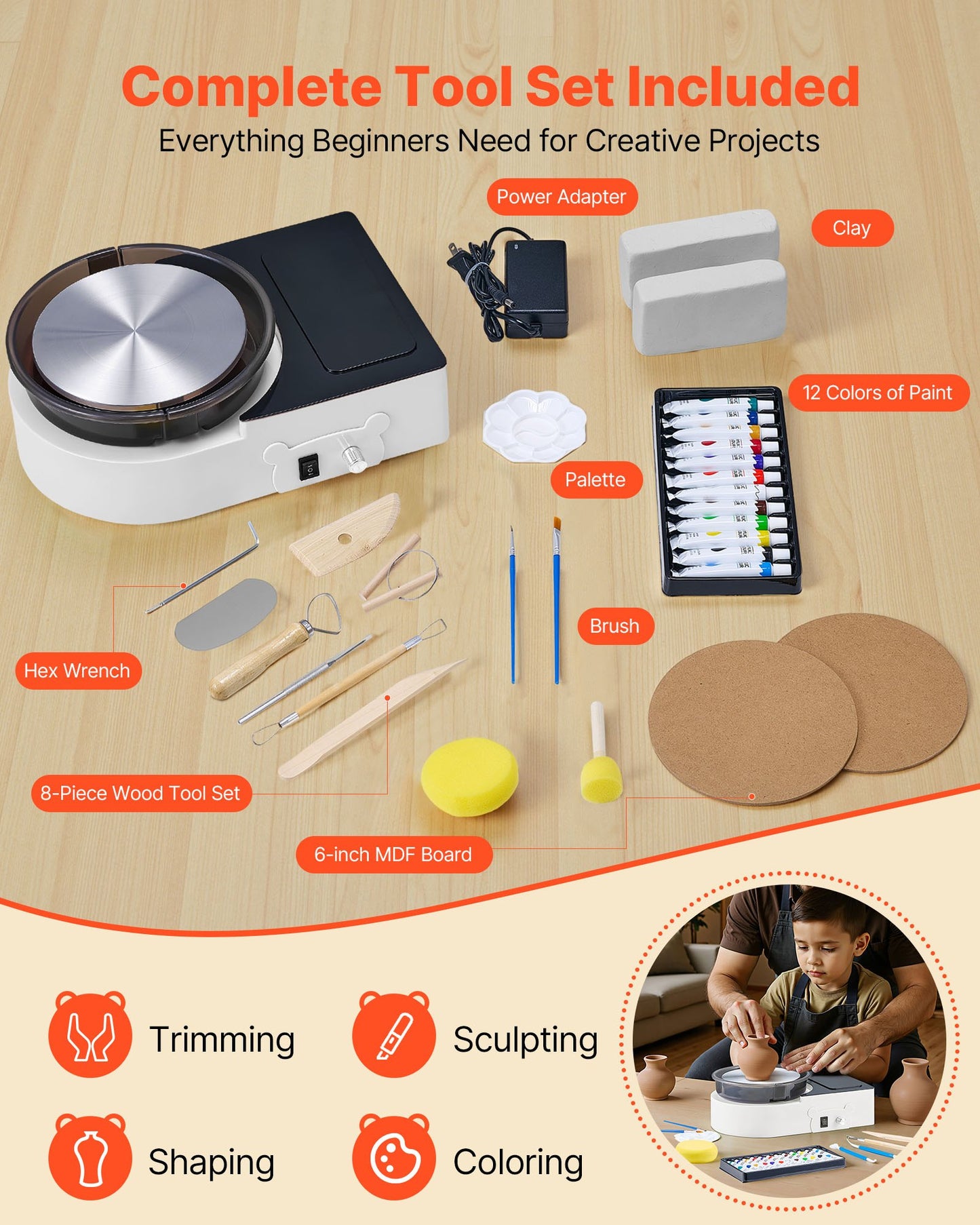 Mini Pottery Wheel with 6-Inch Turntable & Adjustable Speed for Kids & Adults