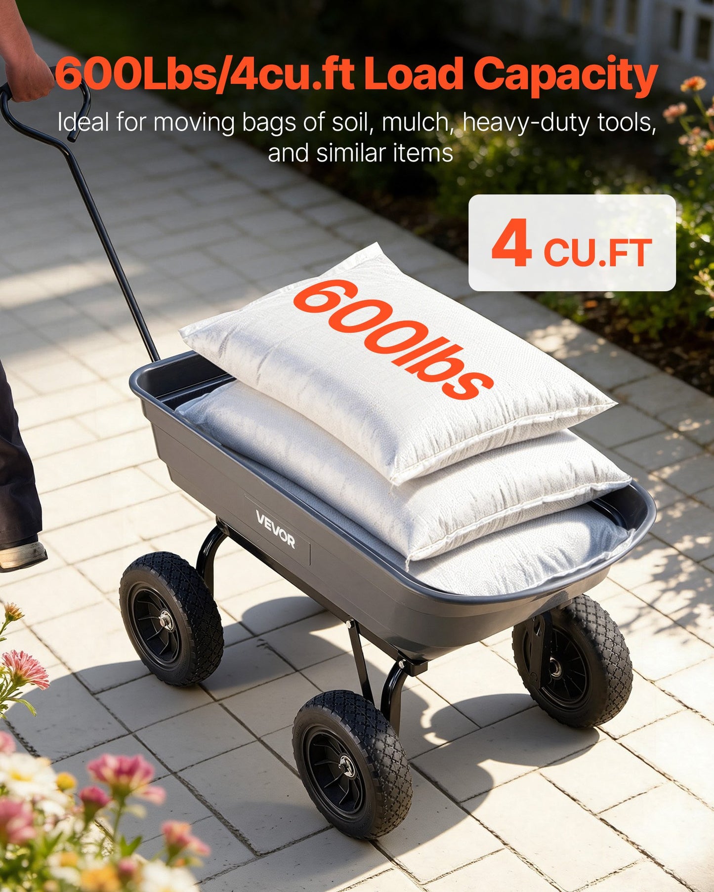 Garden Dump Cart 600 Lb Poly Yard Wagon with 90° Quick-Dump & Swivel Wheels - Black