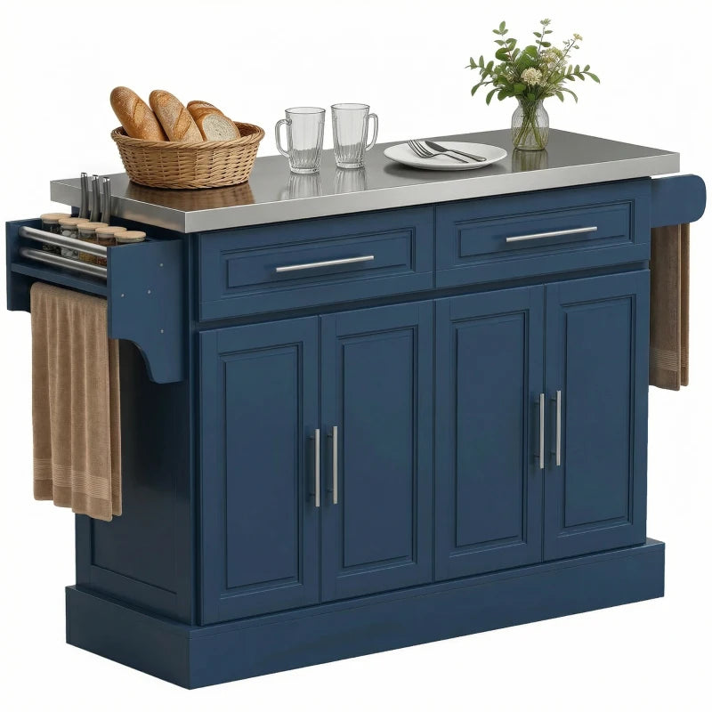 Rolling Kitchen Island with Stainless Steel Top - Navy Blue
