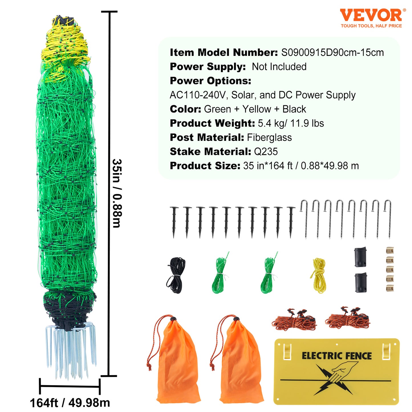 Electric Fence Netting for Livestock - 35 Inch H x 164 Feet L with Posts & Stakes