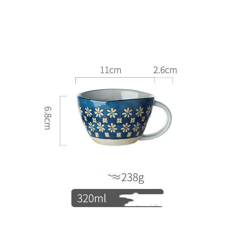 Retro Pastoral Water Mug Embossed Ceramic Drinkware with Handle