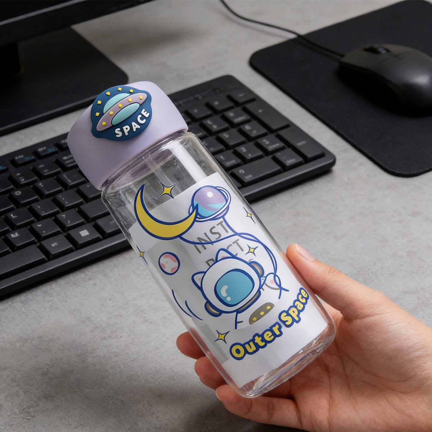 Astronaut Cat Plastic Water Bottle - 400ml Purple