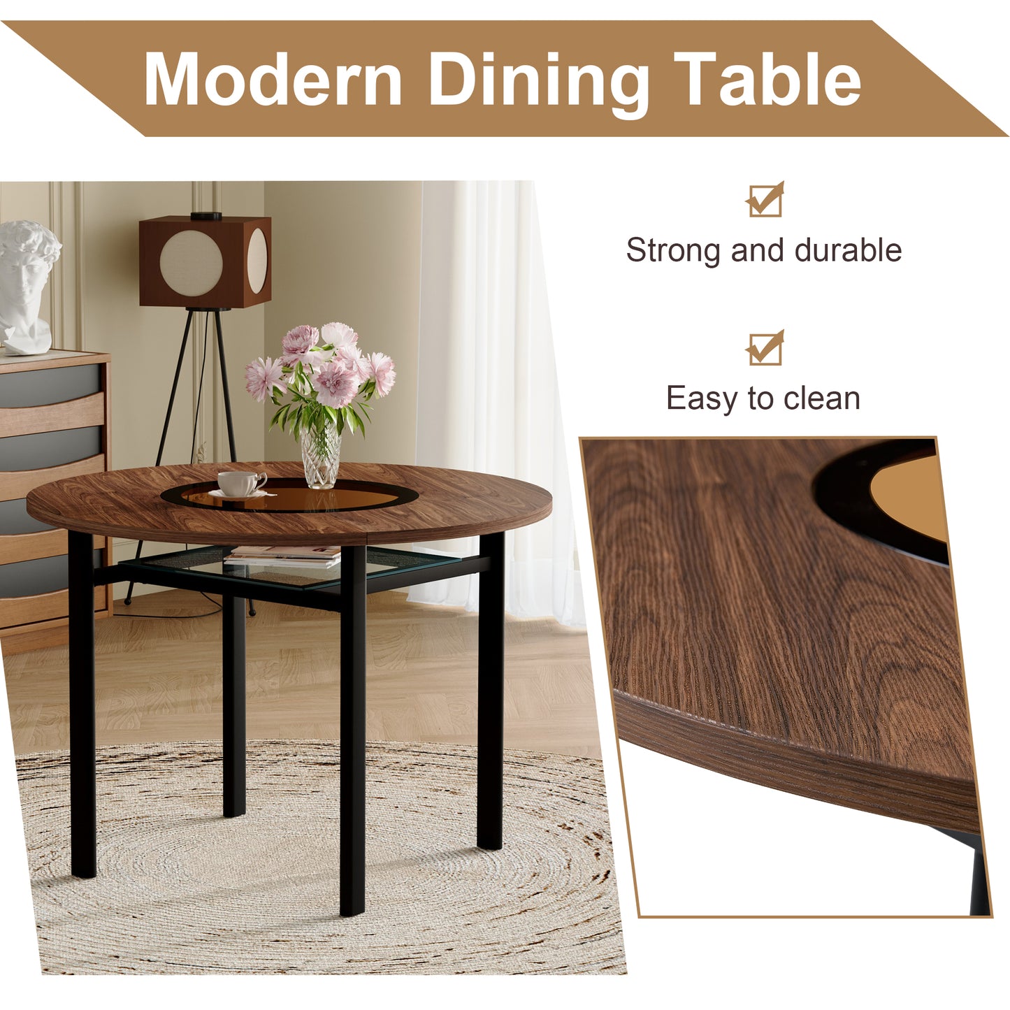 42 Inch Modern Minimalist Brown Wood Grain Round Dining Table