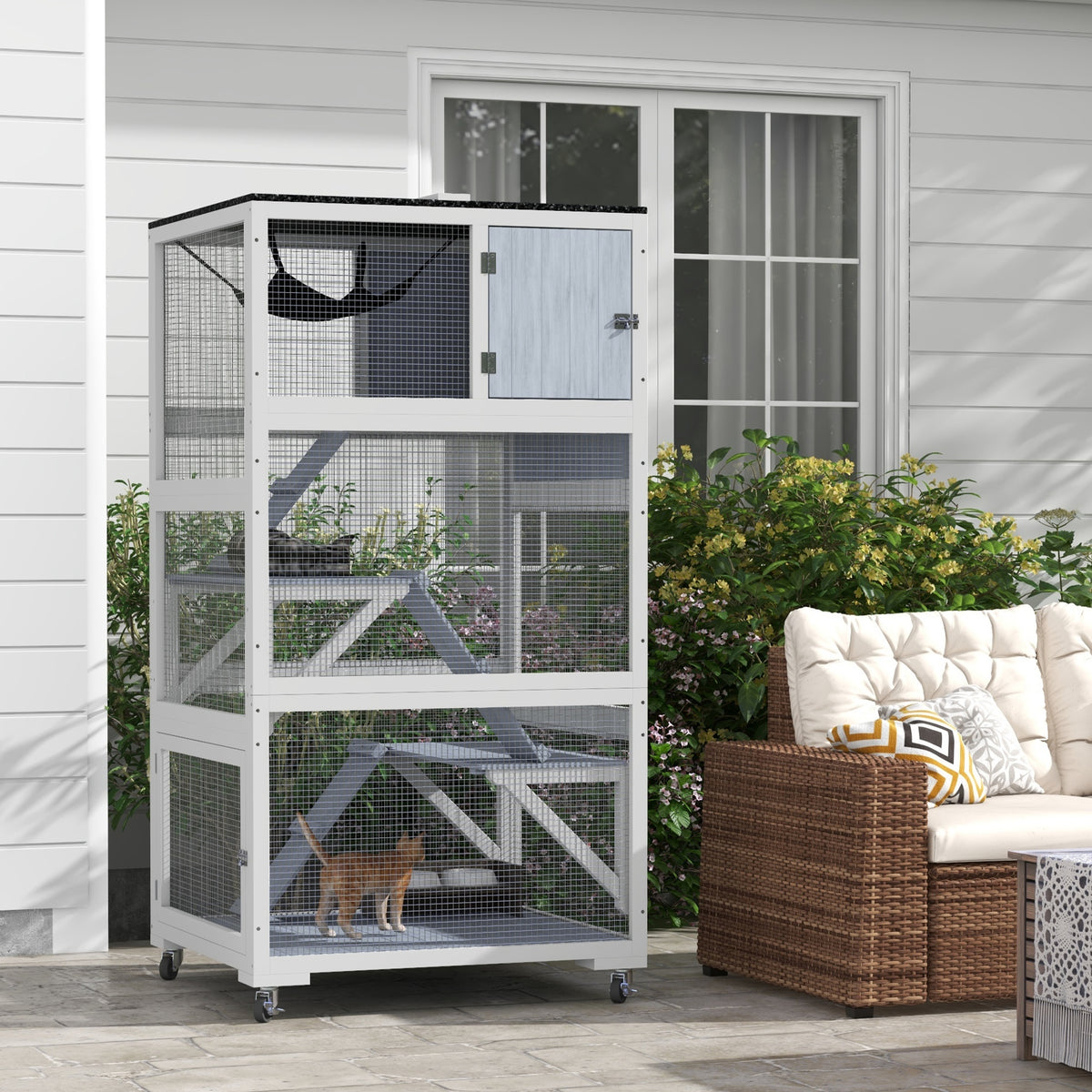 Outdoor Cat Enclosure House with Wheels, Hammock & Ramps, Gray - 970x630x335mm