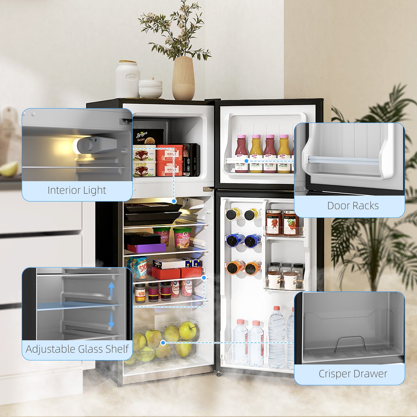 Small Refrigerator with Freezer - Compact Kitchen Appliance, Black, 490x500x1210mm