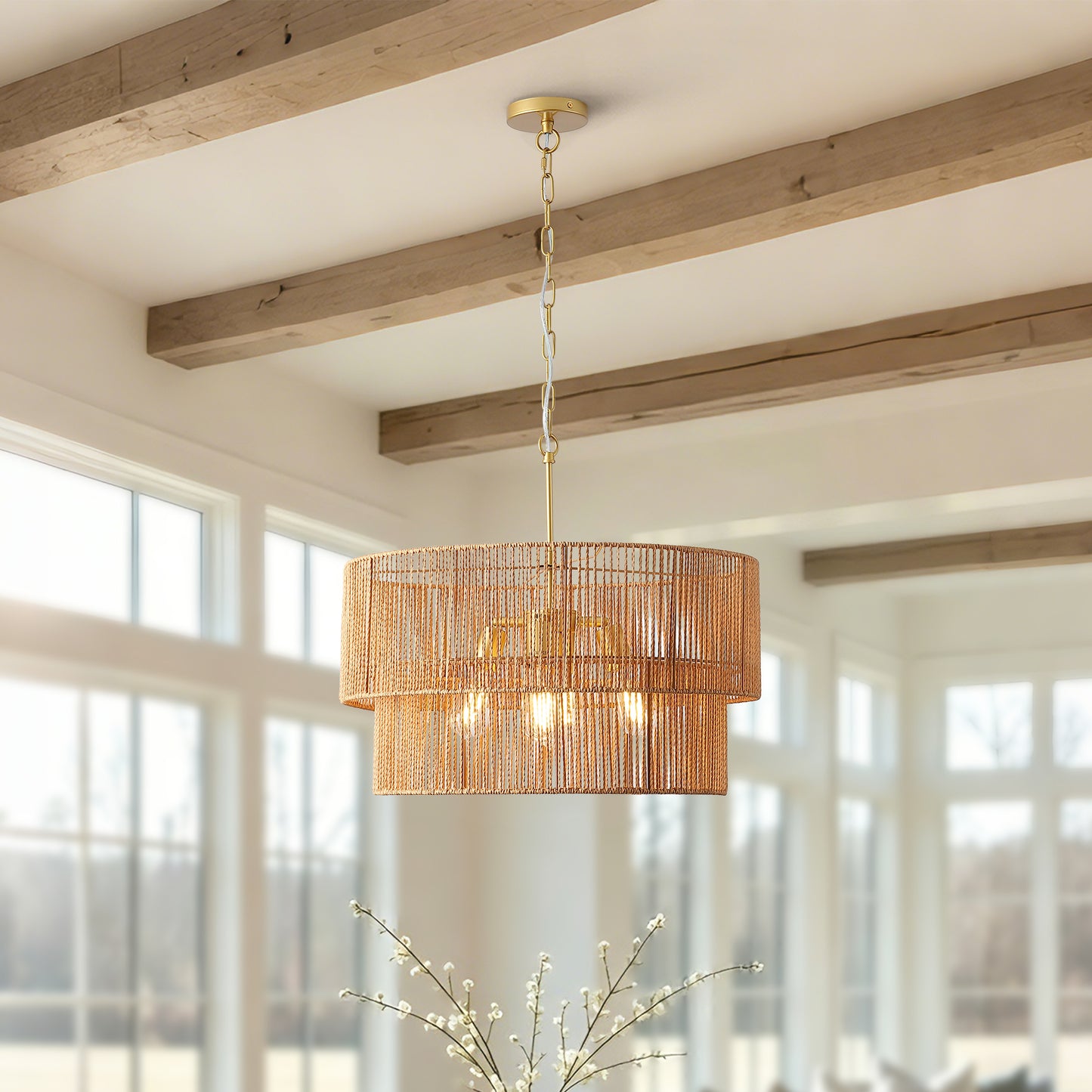 Woven Paper Rattan Pendant Light - 2-Tier Boho Ceiling Lamp for Dining & Living Room