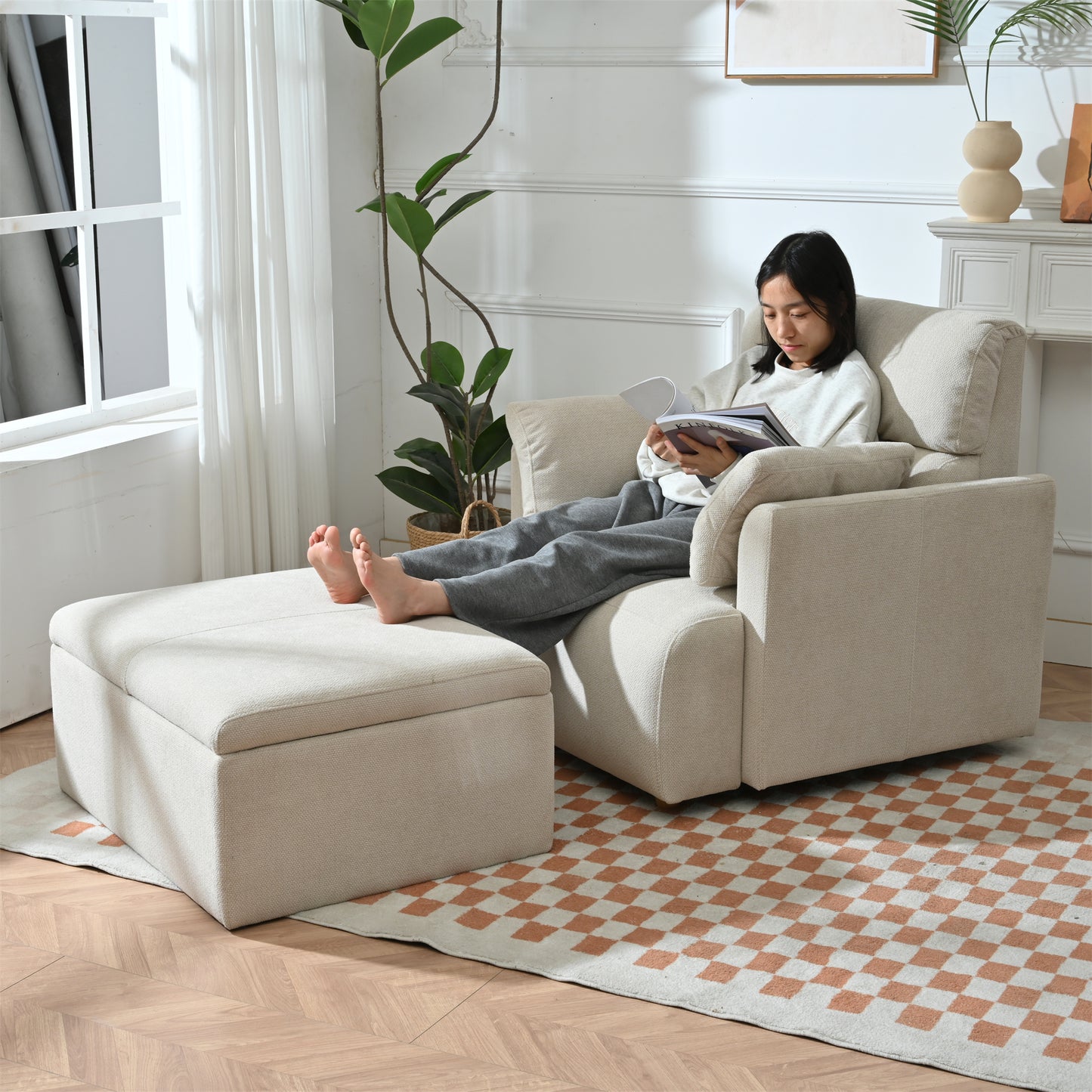 Oversized Accent Chair with Storage Ottoman - Beige & Gray