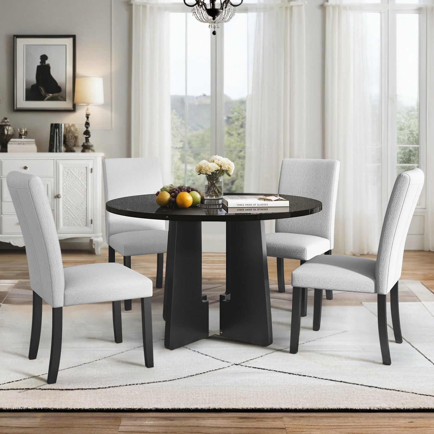 5-Piece Round Dining Table Set with 4 Upholstered Chairs - Beige & Black