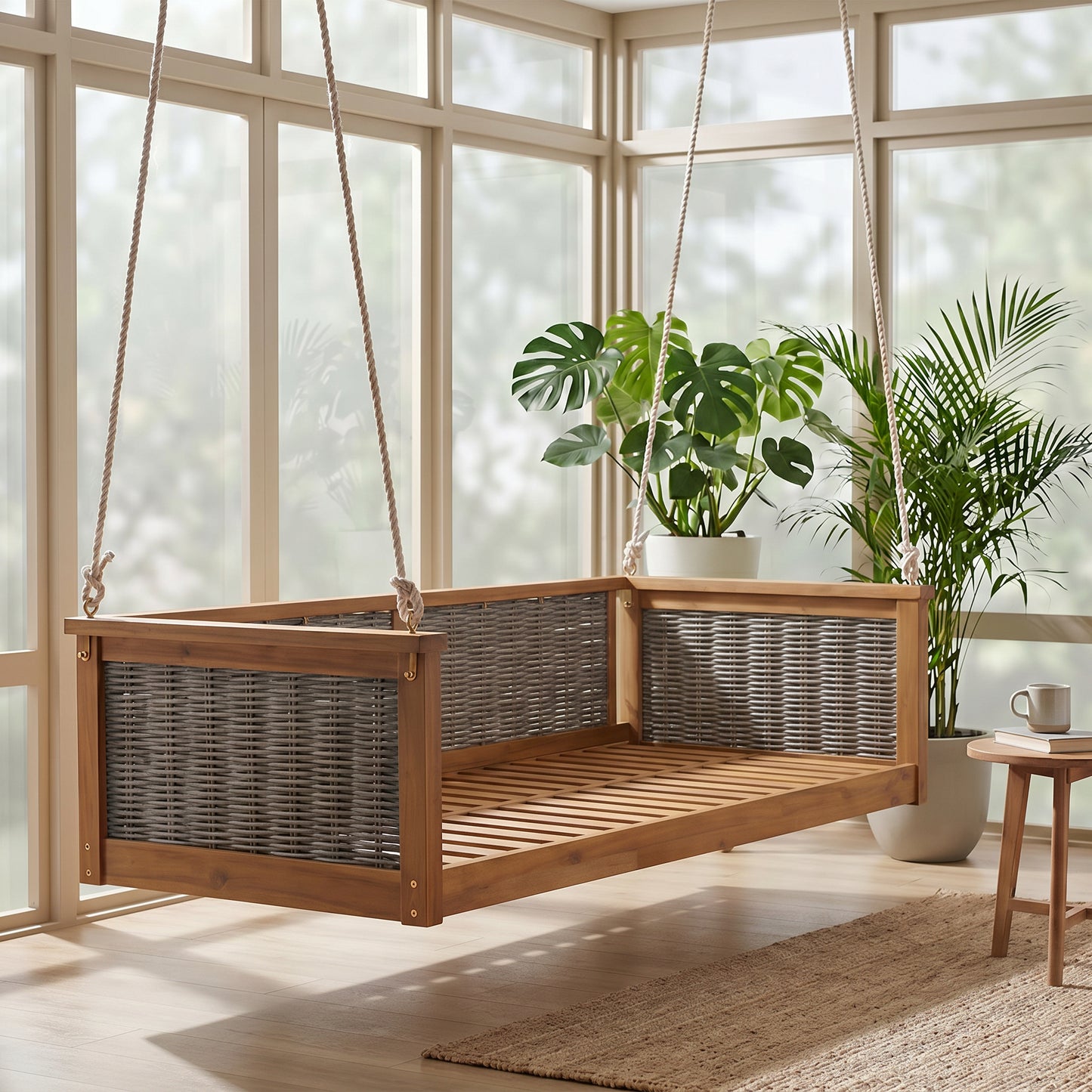 Outdoor Classic Solid Wood Twin Size Swing Bed - Teak