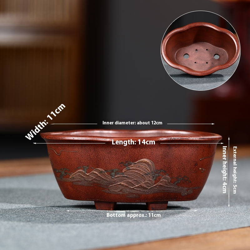Purple Clay Flowerpot with Chinese Style Design Small Round & Square Options