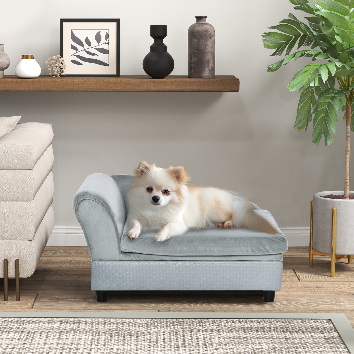 Small Dog Couch Bed with Hidden Storage - Pale Gray Pet Sofa with Foam
