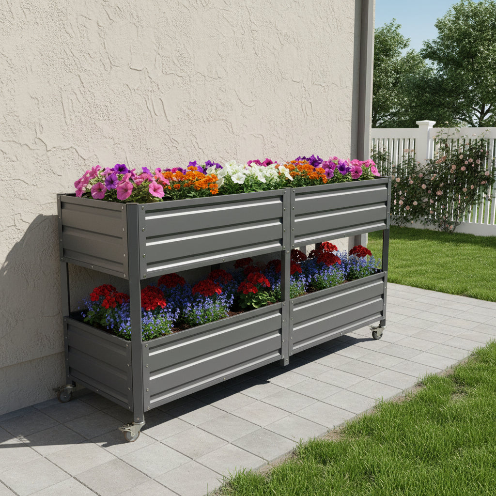 Dual Tier Elevated Metal Raised Garden Bed with Lockable Wheels - Grey