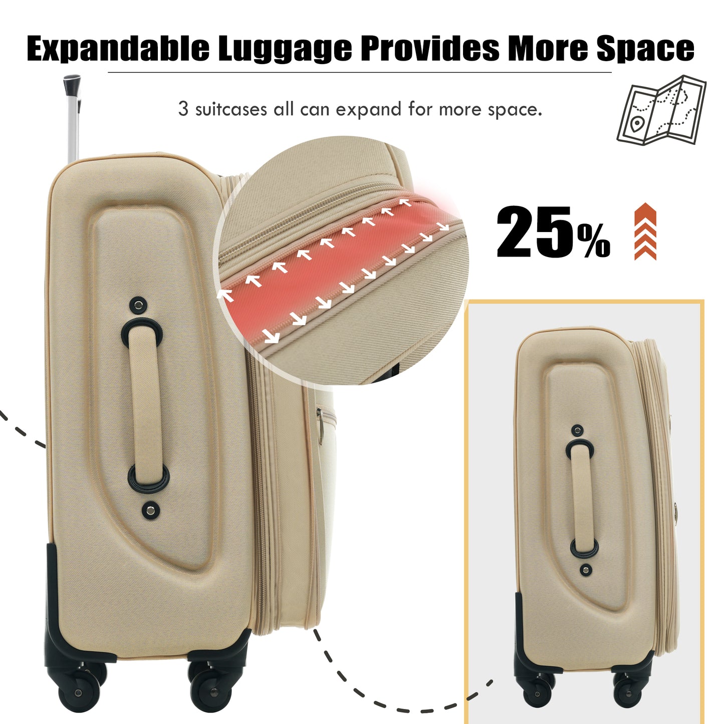 Expandable Softside Luggage Set - 3 Piece Spinner Suitcase - Khaki