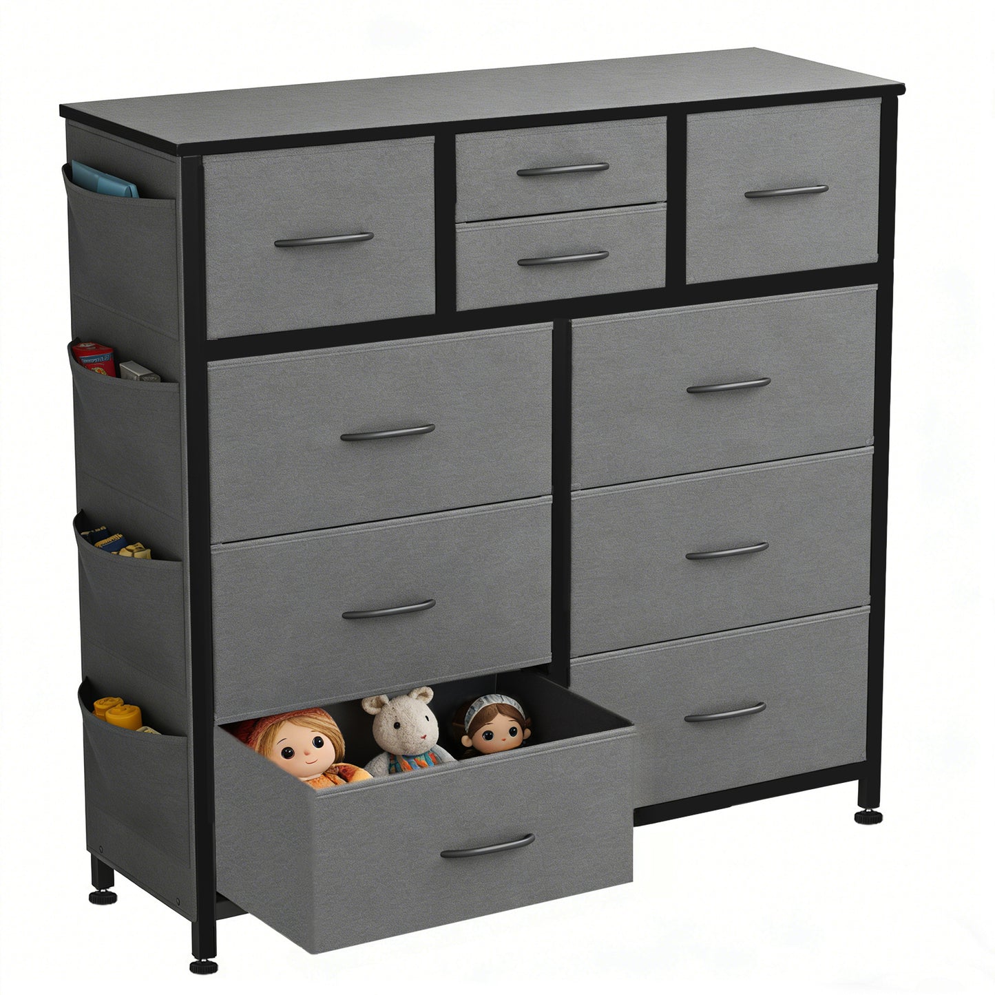 10-Drawer Storage Cabinet with Side Pocket & Hooks - Gray