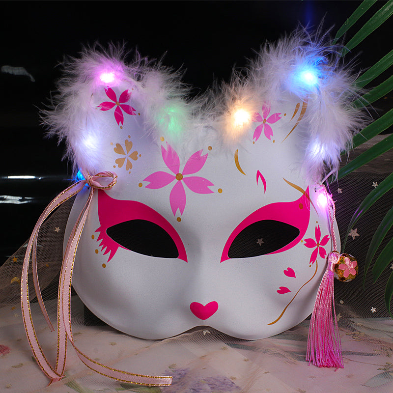 Halloween Party Luminous Feather Fox Mask Two-Faced Cat Face Mask
