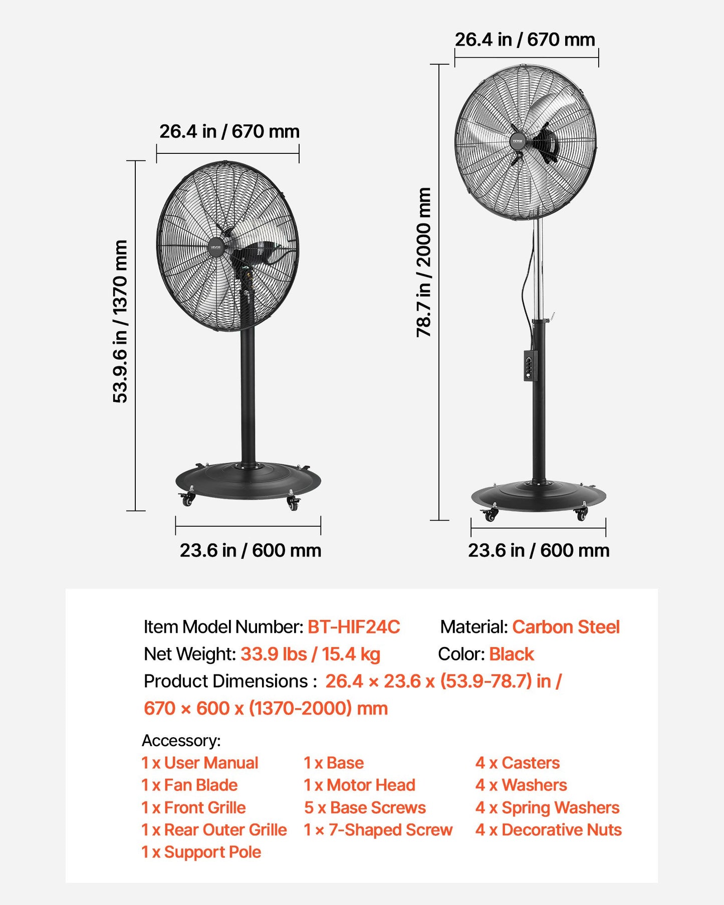 24-Inch Industrial Pedestal Fan with 6800 CFM Oscillating & Adjustable Height, Waterproof Black
