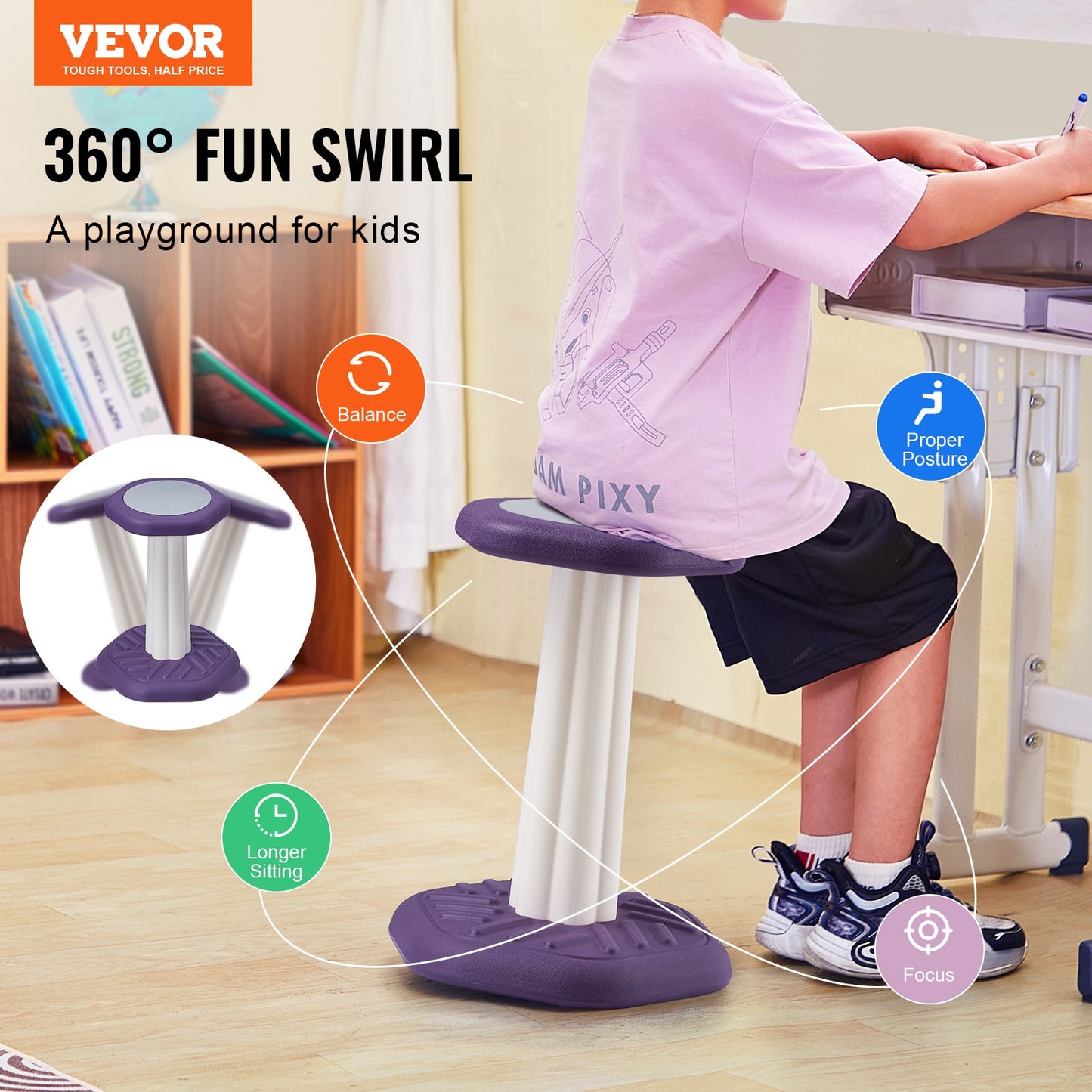 Kids Wobble Chair - Active Stool with Sponge Cushion for Focus & Posture, Purple
