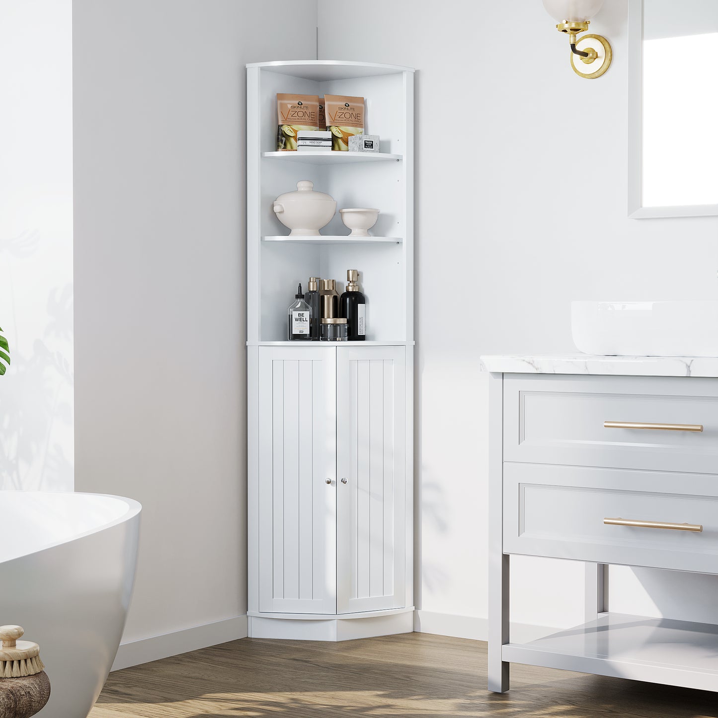 67" Tall Corner Cabinet with 2 Doors and Adjustable Shelves - White