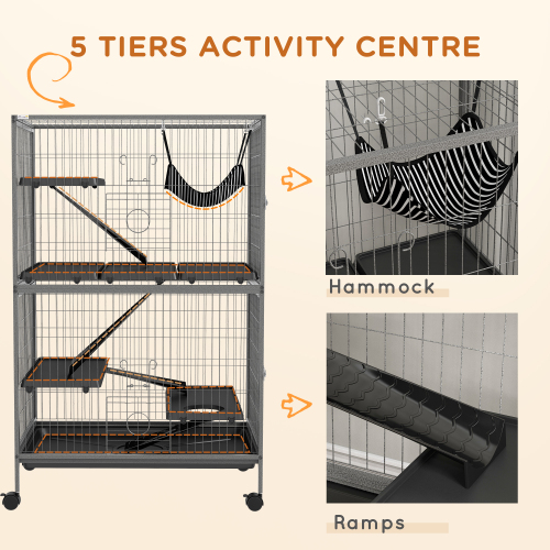 5-Tier Small Animal Cage with Hammock and Heavy Duty Steel Wires - Large Ferret & Chinchilla Habitat, Grey