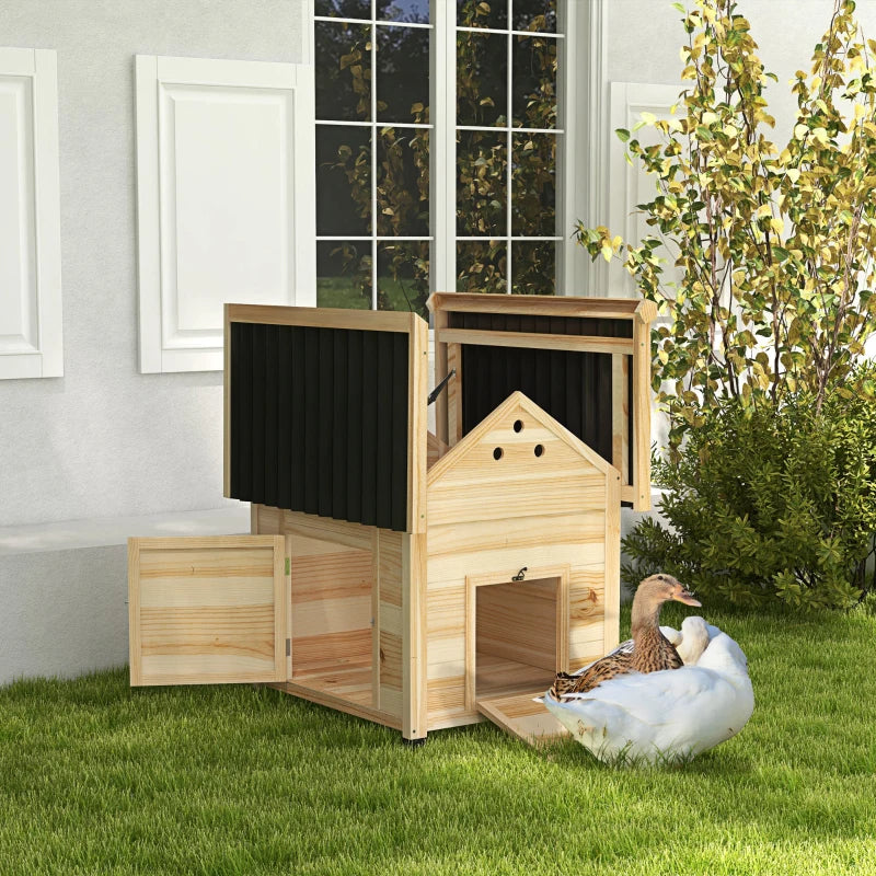 Wooden Duck House with Openable Roof & Double Doors for Pets - Natural Finish
