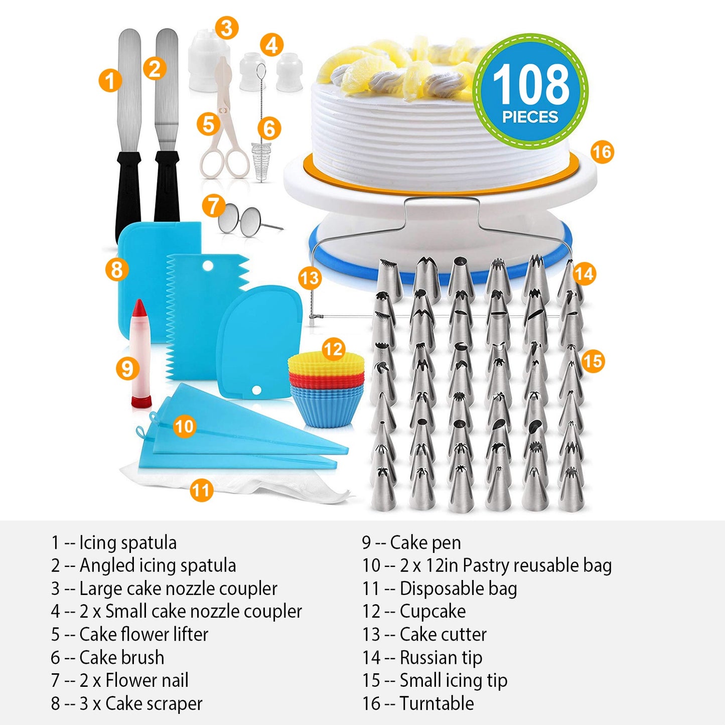 11-Inch Rotating Cake Turntable with 108-Piece Decorating Kit