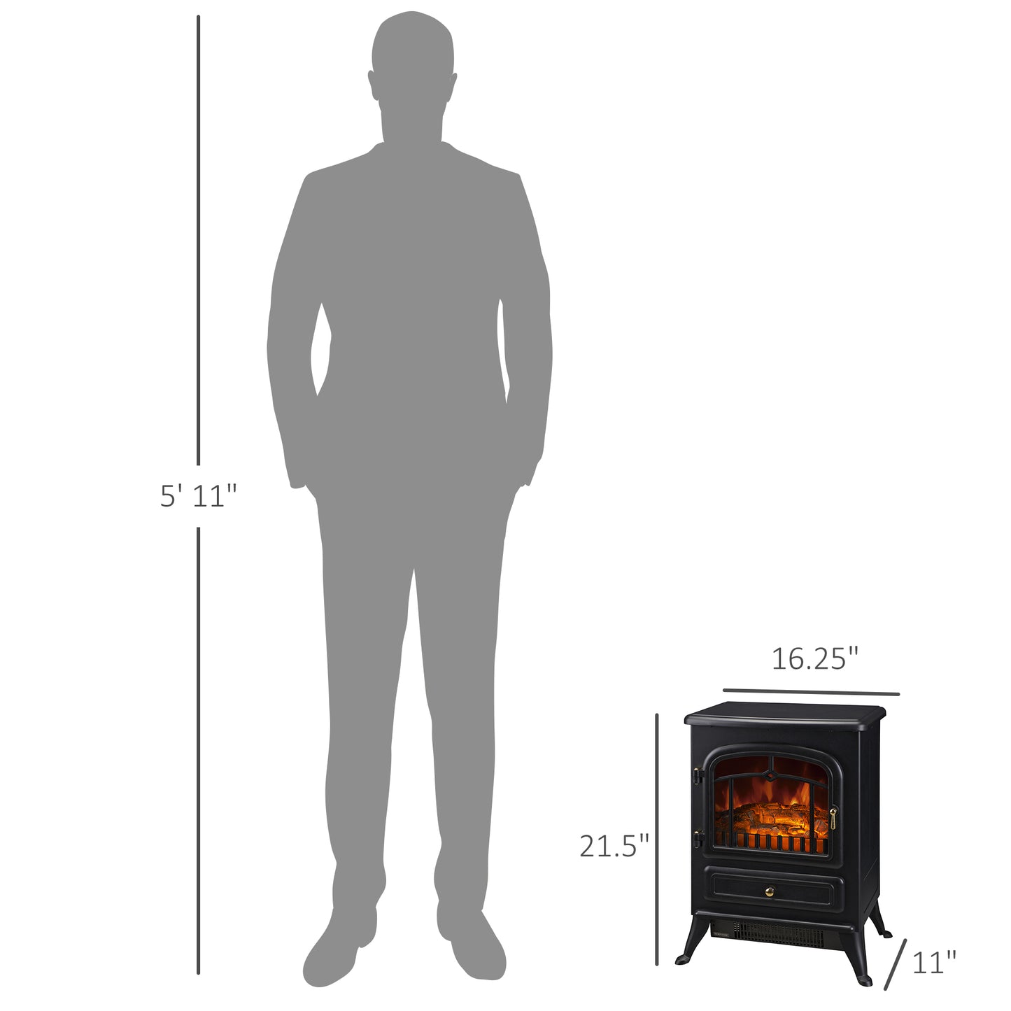 Electric Fireplace Heater with Realistic LED Flames 725W/1450W Black