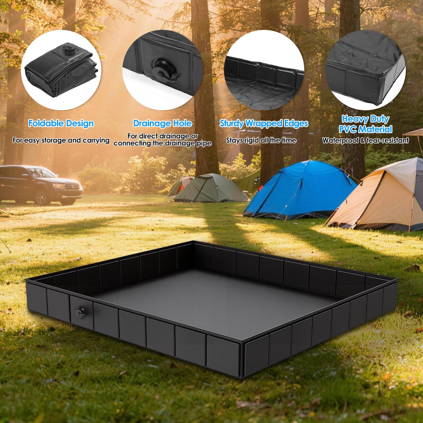 Portable Shower Pan - 41-Inch Collapsible Camping Basin with Drain Pipe
